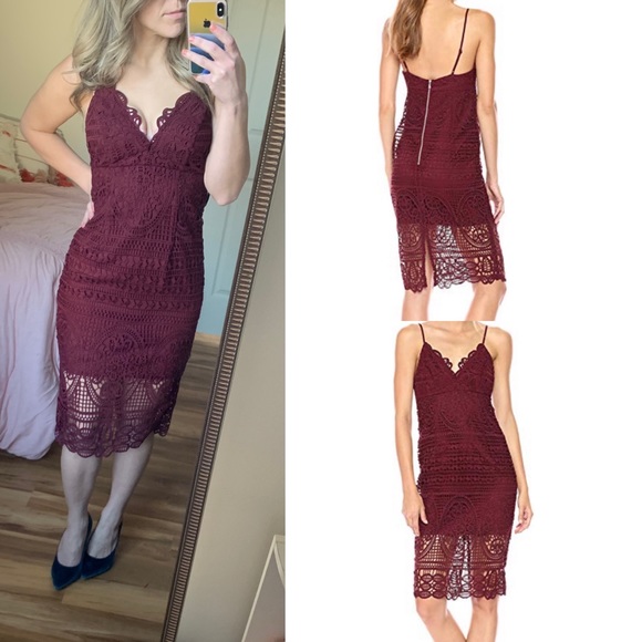 NWT Bardot Versailles dress burgundy xs crochet midi revolve laser cut - Picture 3 of 8